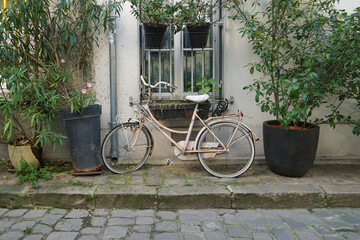 Paris, France - A vintage pale pink bicycle leaning against a building on Rue Cremieux,  a pedestrian street in the 12th arrondissement known for quaint painted housefronts. - obrazy, fototapety, plakaty