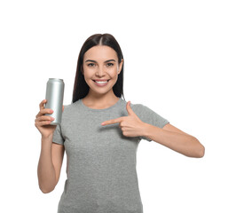 Beautiful happy woman holding beverage can on white background