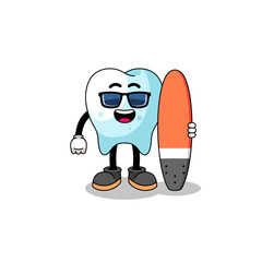 Mascot cartoon of tooth as a surfer