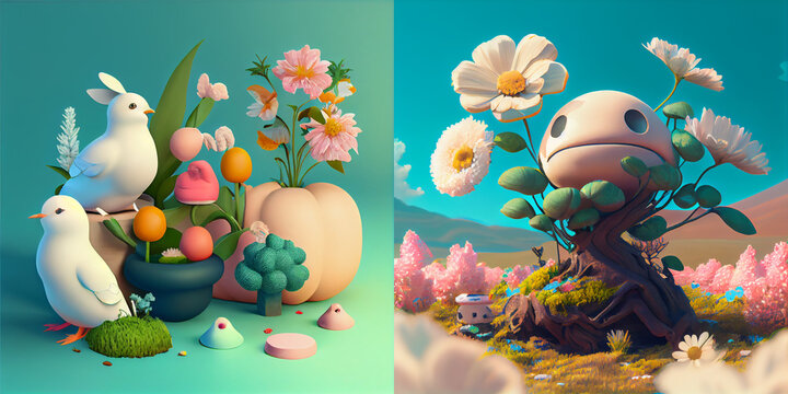 Flowers illustration, spring and summer flowers, birda and floral art, collection, easter bunny and eggs, abstract and surrealistic
