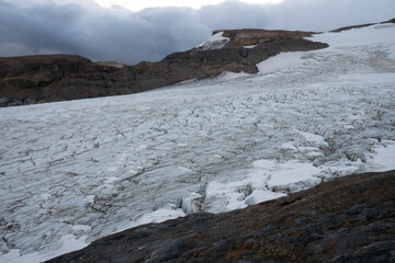 Alpine landscape. View of Tronador hill and Castaño Overo glacier ice field at sunrise in the Andes cordillera, Patagonia Argentina.
