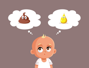 Baby Thinking about Pee and Poop Vector Cartoon Illustration. Little toddler having to go to the bathroom holding it in
