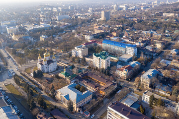 Aerial view of the town and Spassky Cathedral on sunny winter day. Pyatigorsk, Stavropol Krai, Russia.
