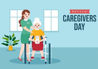 National Caregivers Day on February 17th Provide Selfless Personal Care and Physical Support in Flat Cartoon Hand Drawn Templates Illustration