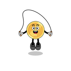 south korean won mascot cartoon is playing skipping rope