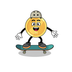 south korean won mascot playing a skateboard
