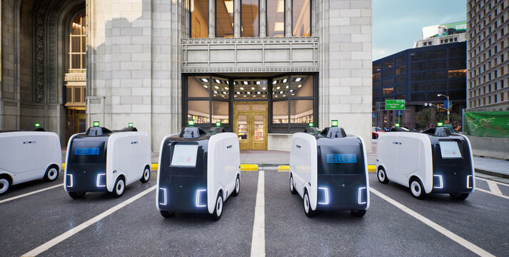 Autonomous Delivery Robot Wait For Orders In Front Of Store, Smart Logistics Technology Concept,  3d Render