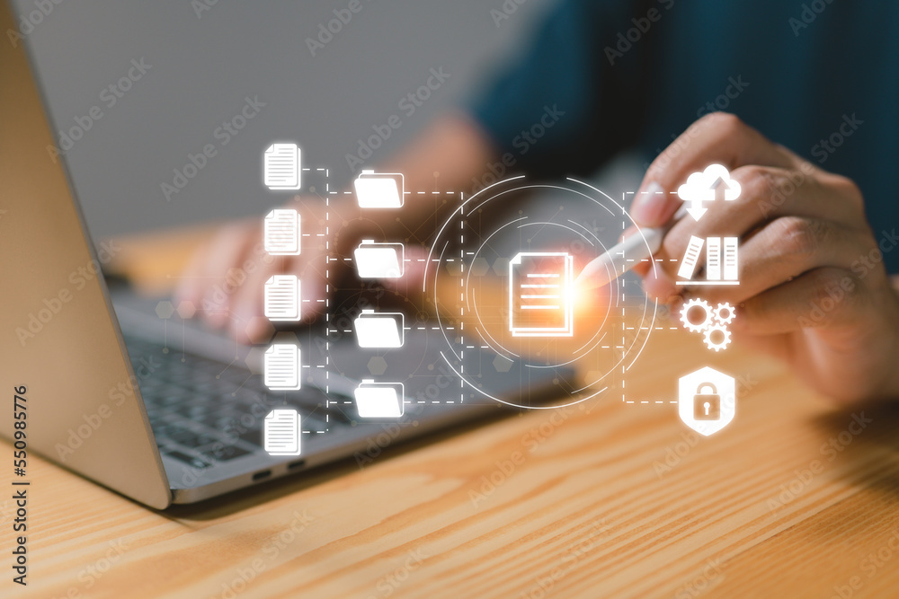 Aufkleber Document management concept, online documentation database, digital file storage system or software, records keeping, file access, doc sharing