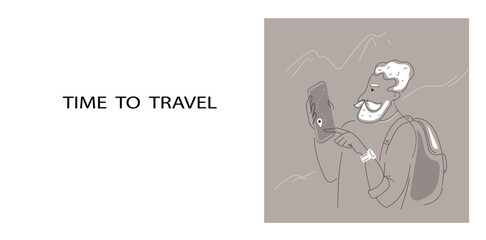 Man elderly male traveler is looking at a map on his phone. Vector doodle outline illustration for banner.