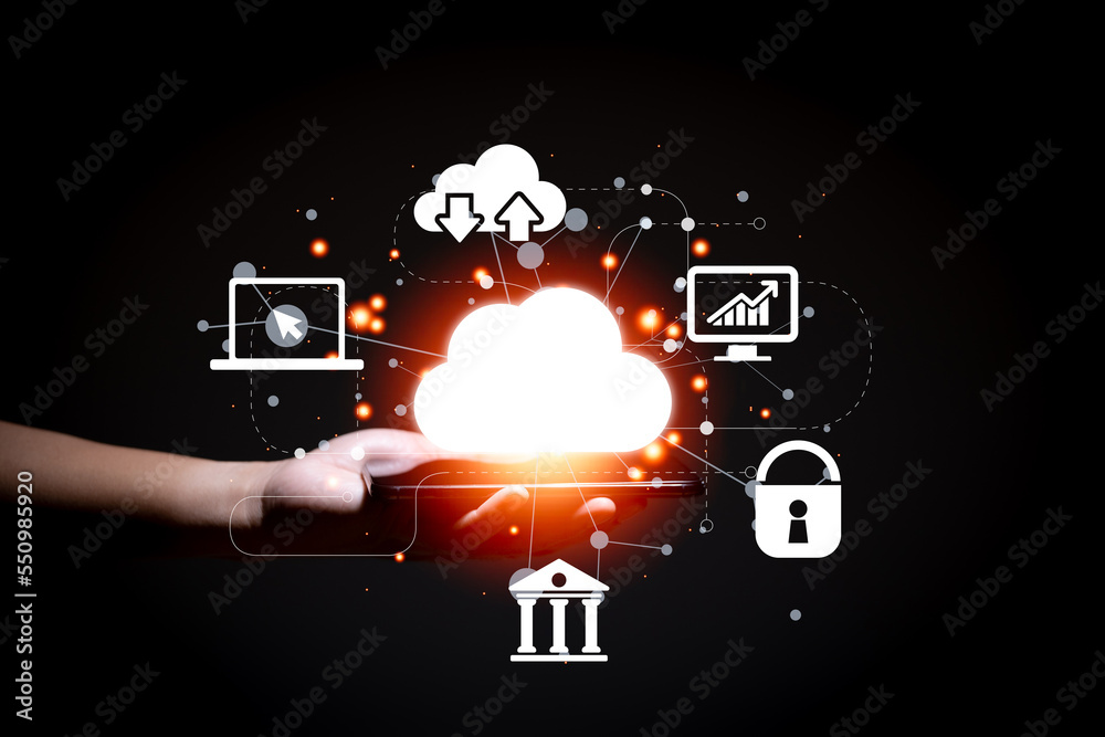 Poster Businessman having knowledge about the cloud computing network and icon connections. Concept of technology and cloud computing.