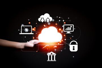 Businessman having knowledge about the cloud computing network and icon connections. Concept of technology and cloud computing.