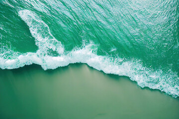 Naklejka na ściany i meble AI generated image top view from drone photo of beautiful beach with relaxing sunlight, sea water waves pounding the sand at the shore. Calmness and refreshing beach scenery.