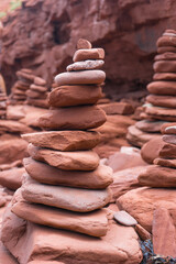 Fototapeta na wymiar Stacks of Red Sand Rocks formation seen near Tea Cup Rock, Prince Edward Island, Canada