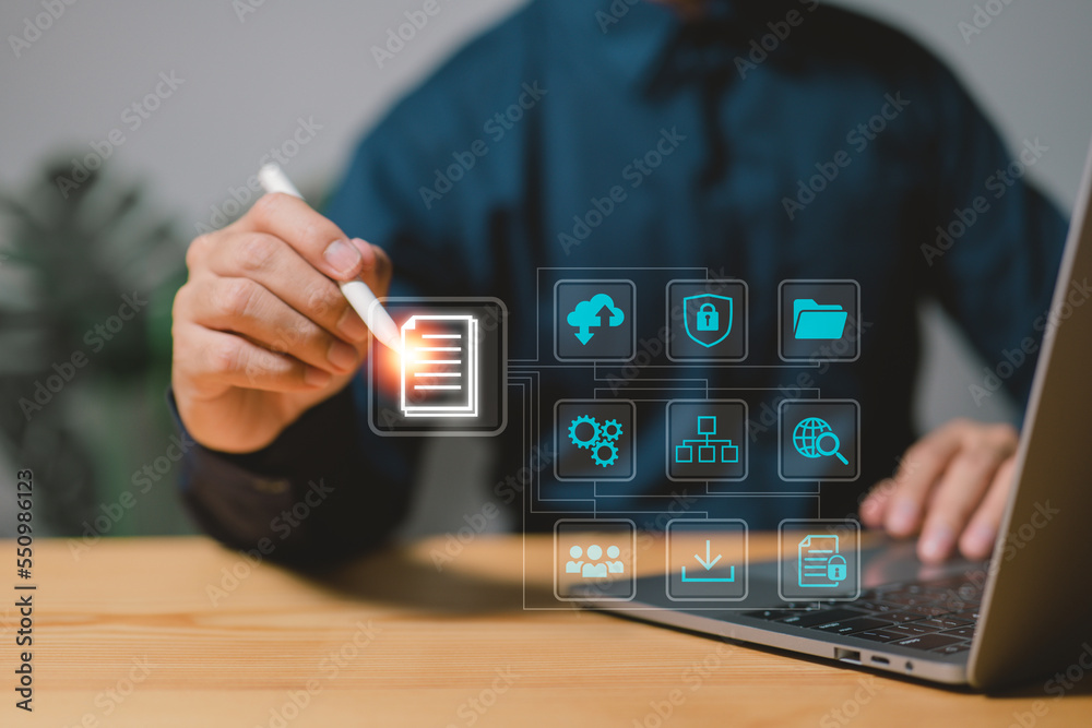Poster Document management concept, online document database, digital file storage system, record keeping, database technology, document sharing, file access.