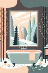 Postcard of a retro bathroom beautifully decorated with a big window with a view of a snowy forest 