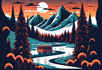 Postcard of a retro school bus on a roadtrip across the winter forest at sunset