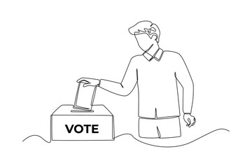Continuous one line drawing man Putting Vote Paper into Election Box for General Regional or Presidential Election. Voting concept. Single line draw design vector graphic illustration.