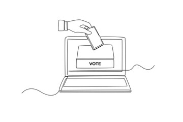 Continuous one line drawing hand putting voting paper in the box on a laptop screen for General Regional or Presidential Election. Voting concept. Single line draw design vector graphic illustration.