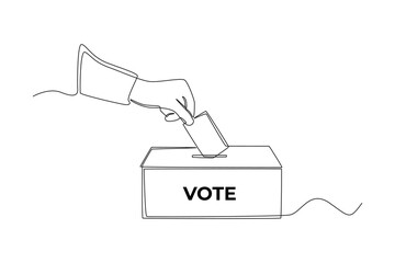 Continuous one line drawing hand putting paper in the ballot box for General Regional or Presidential Election. Voting concept. Single line draw design vector graphic illustration. - obrazy, fototapety, plakaty