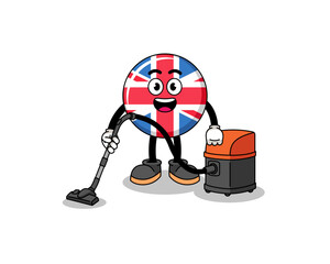 Character mascot of united kingdom flag holding vacuum cleaner