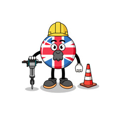 Character cartoon of united kingdom flag working on road construction