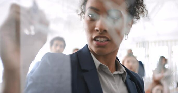 Woman, writing on glass and business meeting or leader presenting in office for workshop, seminar and corporate management training. Businesswoman leadership, employee coaching and share idea vision