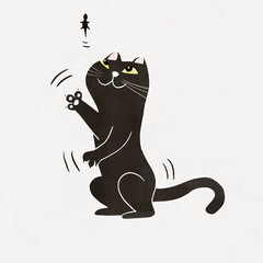 The black cat feels comfortable, chill out, delighted, happy, playful and friendly