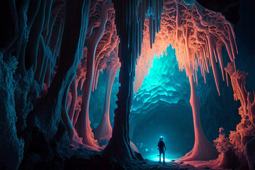 person inside the colorful ice cave