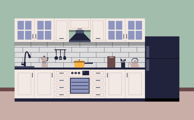 Home kitchen interior design with equipment