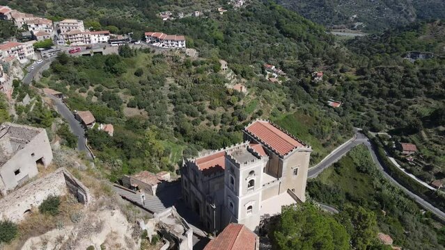 Fly over church in mountain town