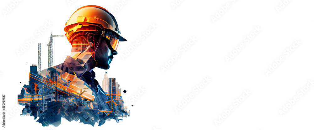 Wall mural illustration digital building construction engineering with double exposure graphic design. Building engineers, architect people or construction workers working with modern civil equipment technology