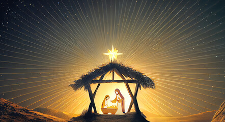 Christmas nativity scene of born child baby Jesus Christ in the manger with Joseph and Mary.illustration Christmas Nativity Scene banner background of baby Jesus in the Christmas with Mary and Joseph.