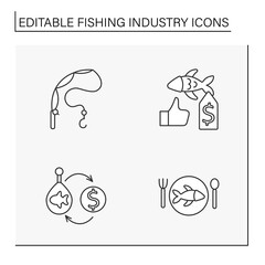  Fishing industry line icons set. Manufacturing of ready-made fish products. Nature protection. Business concepts. Isolated vector illustrations. Editable stroke