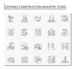 Construction industry line icons set. Manufacturing of buildings materials, types of houses. Business concepts. Isolated vector illustrations. Editable stroke