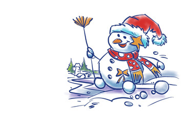 happy snowman with broom digital art for card decoration illustration