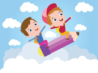 children flying in the sky with a pencil