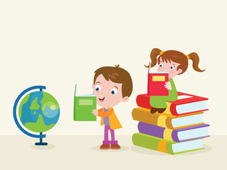 Children cartoon reading books together