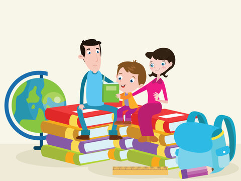 Boy and parents reading books together vector illustration