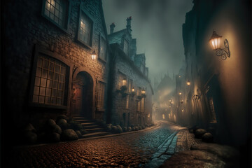 AI generated image of Victorian London on a moody evening with gas-lights, fog and cobble-stone streets	
