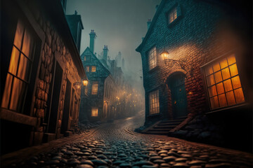 Fototapeta na wymiar AI generated image of Victorian London on a moody evening with gas-lights, fog and cobble-stone streets 