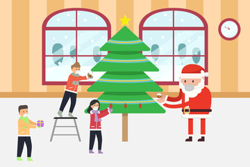 Children and santa claus decorating a christmas tree at home