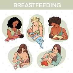 A set of poster on breastfeeding. A woman is breastfeeding a baby.