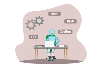 Robot learning to code with a laptop computer. machine learning concept