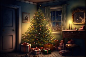Christmas Tree In a regular house surrounded With Gifts for the Kids on christmas eve.