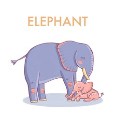 An elephant with a small elephant. Mom and baby. The baby elephant hugs his legs with his trunk