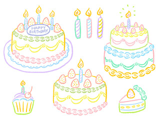 Birthday cake Colorful simple and cute hand drawn line drawing illustration set / 誕生日のケーキ カラフルでシンプルでかわいい手描きの線画イラストセット