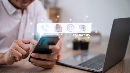 CONTACT US, Hand of people holding mobile smartphone with ( mail, phone, email, chat ) icon. customer support concept,