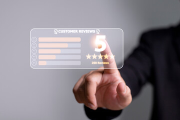 Customer review good rating concept, customer review by five star feedback, positive customer feedback testimonial.