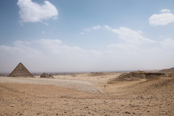 View of the great pyramids of Giza, Egypt in the middle of the desert