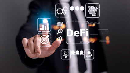 DeFi Decentralized Finance. Technology blockchain cryptocurrency concept